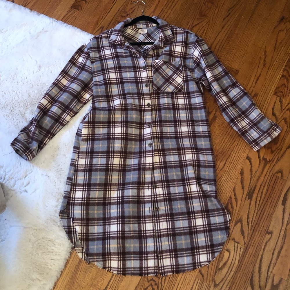 Dizzy Brown and White Plaid Shirt Dress with distressed hem wear as a tunic/dres